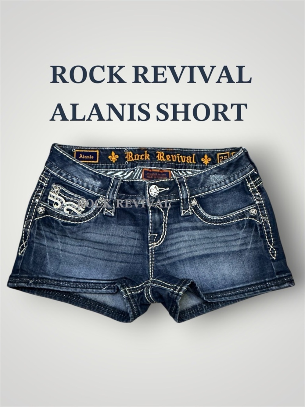 🌼Rock Revival Dark Blue Embroidered 𝐒𝐞𝐪𝐮𝐞𝐧𝐜𝐞 Denim Shorts